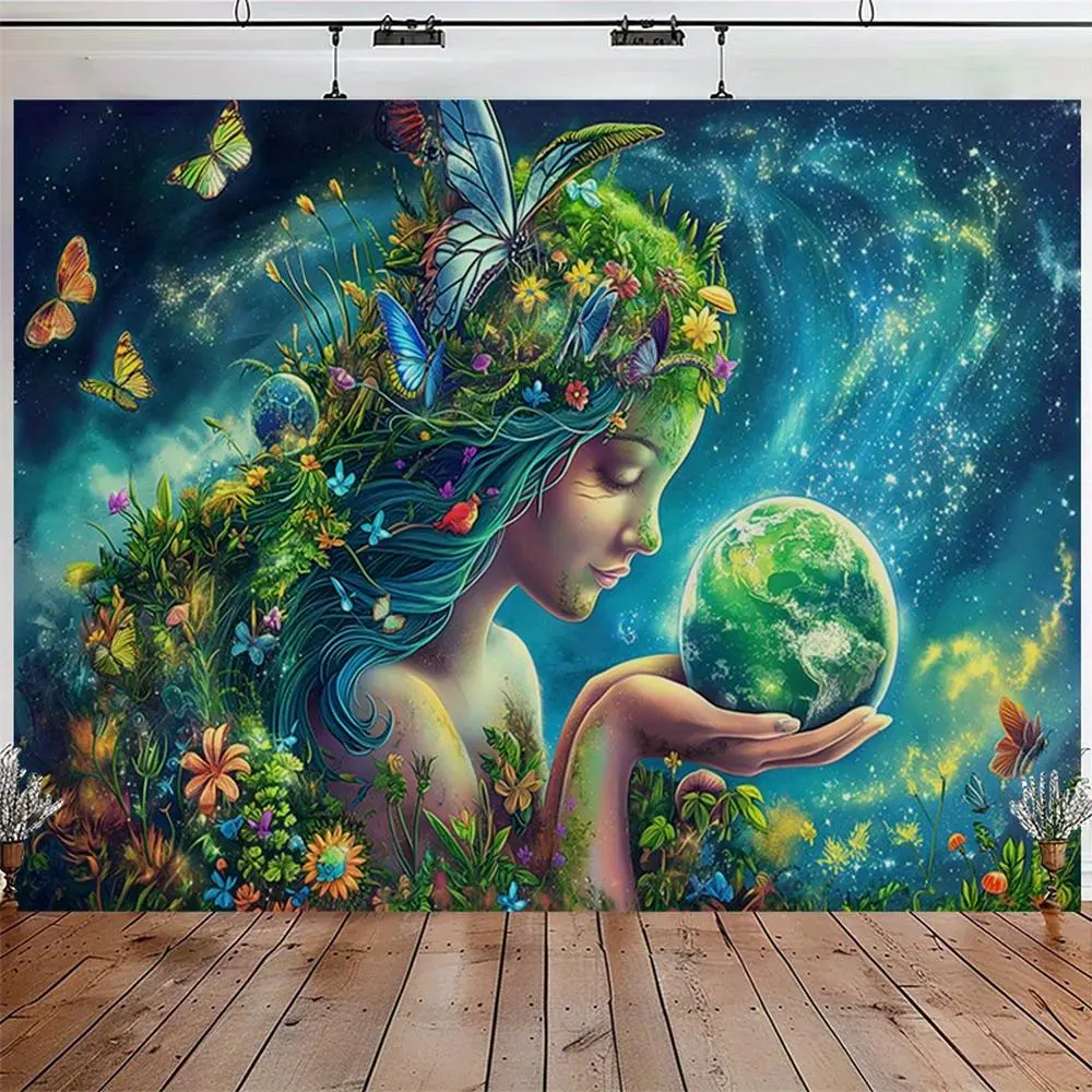 1pc Durable White Synthetic Polyester 2D Flat Decorative Floral Art Deco Planet Motif Wall Hanging Tapestry - Soft Texture, Machine Washable All Seasons Indoor Wall Mount Decor with Free Non-Electric Accessories, Glam