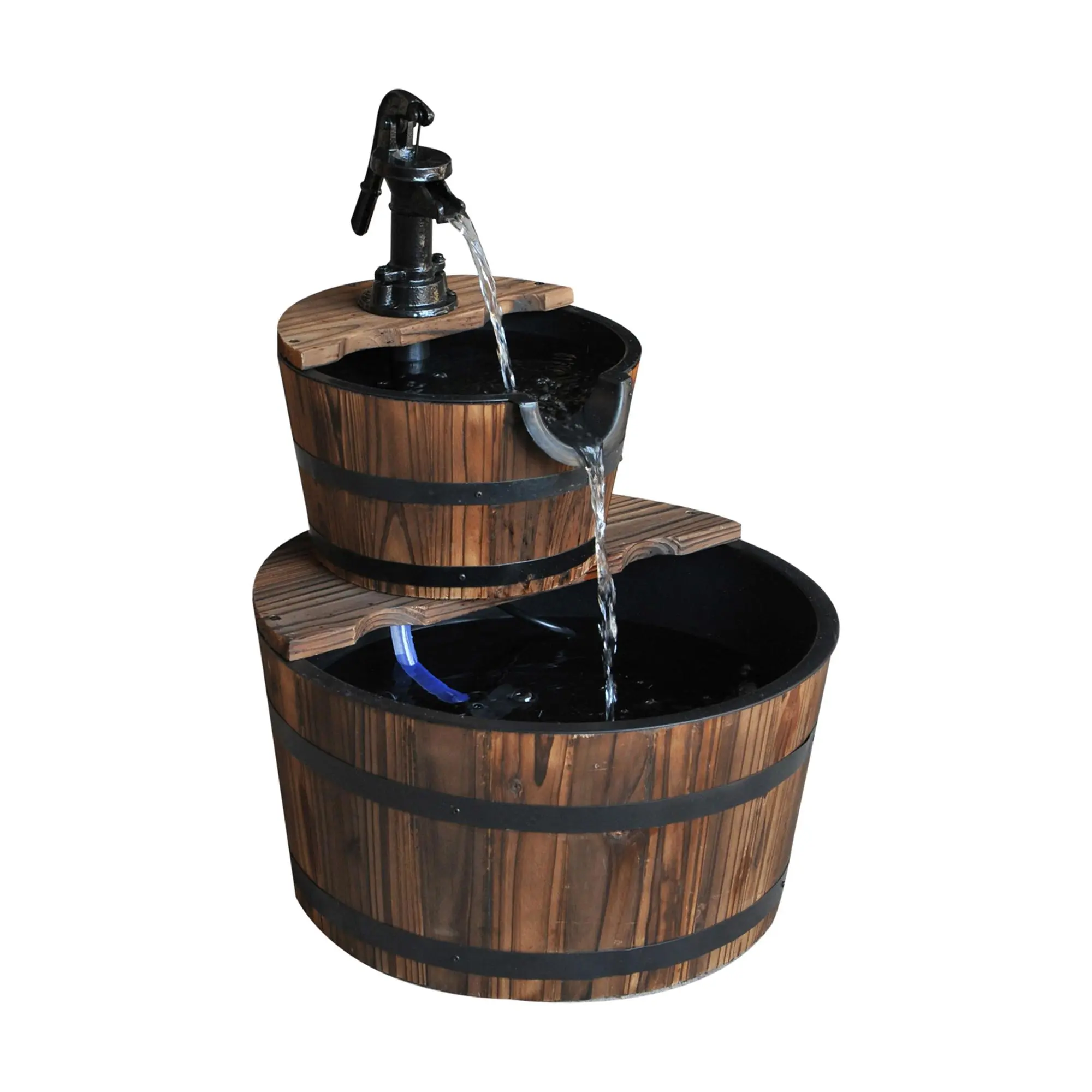 Outsunny Wood Freestanding Garden Fountain, 2-Tier Waterfall Barrel with Electric Pump, Outdoor Garden Accessories for Backyard, Garden Fountains