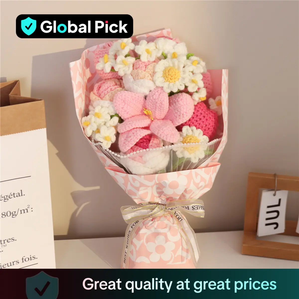 Handmade Crochet Flower Bouquet, 1 Bunch Artificial Flowers Bouquet, Decorative Flower for Home Party Wedding Anniversary Festival, Gifts, Artificial