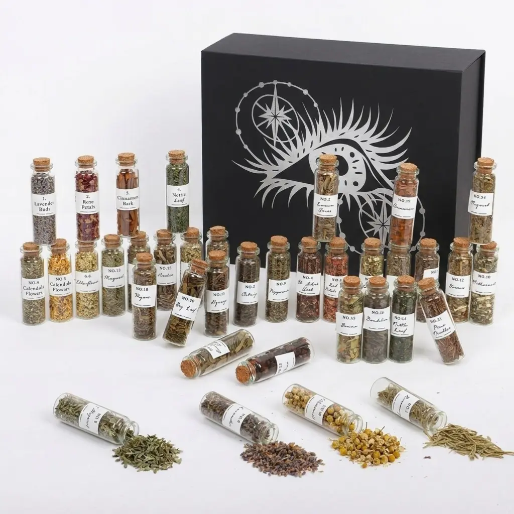 24pcs Natural Botanical Herb & Flower Apothecary Kit - Labeled Corked Glass Jars, Candle Making Supplies for DIY Herbal Crafts, Aromatherapy, Cottagecore Decor