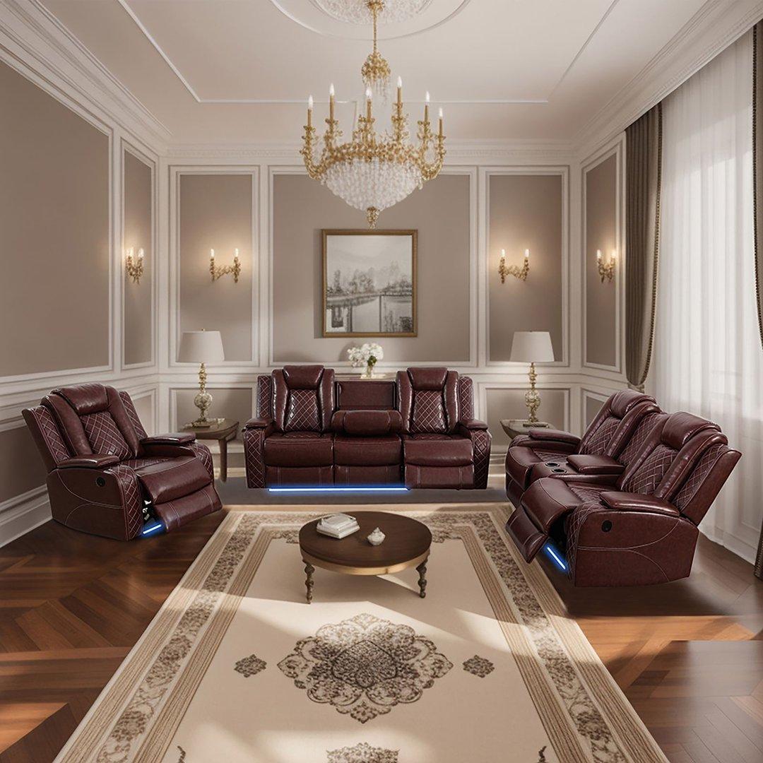 Red Breathing Leather 3-Piece Living Room Recliner Sofa Set