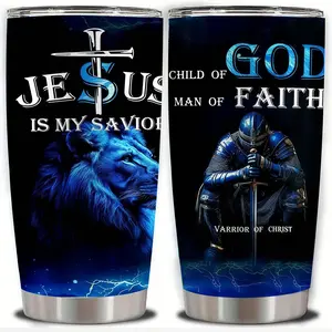 20oz "Jesus is My Savior" Lion and Knight Faith Design Stainless Steel Tumbler, Double Wall Vacuum Insulated Travel Mug with Inspirational Religious Art, Spill Proof Lid and Straw, Perfect Gift for Believers, Ideal for Christmas, Thanksgiving, Valentine's