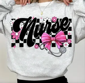 Nurse Checkered Coquette Bow Sweatshirt, Floral Nurse Shirt, Nurse Flower Hoodie, Floral Tee, Nurse Groovy Shirt, Nursing Graphic Tee, RN, CNA Gifts