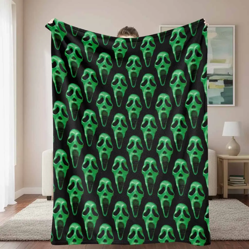 Green Scary Mask Flannel Blanket Neon Ghost Face Print Super Soft Lightweight Throw Warm Fuzzy Bedding Microfiber Plush Cover For Living Room Bedroom Office Couch Travel Holiday Gift Idea