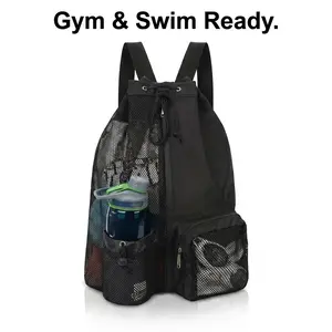 Mesh Drawstring Gym Bag with Dry Wet Separation | Ventilated Swim Backpack for Beach & Travel | Large Capacity Athletic Sackpack with Pockets for Men & Women