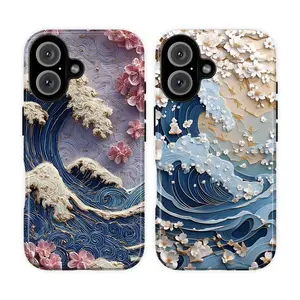Japanese Wave Flower Phone Case – Floral Uki yo-e Artistic Aesthetic Phone Cover for iPhone 17 16 15 14 13 12 11 Pro Max XR XS 8 7 Plus SE | Artistic Cherry Blossom Waver Cover, Shockproof Protective Cover, Great Wave Floral Gift for Men Women BFF Couple