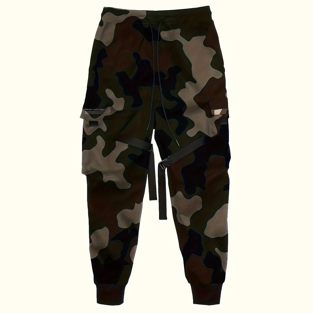 Men’s American high-street camouflage jogger pants featuring ribbon detailing; functional tactical cargo sweatpants with a loose, slimming fit—trendy men’s casual pants, carefully selected for everyday wear.