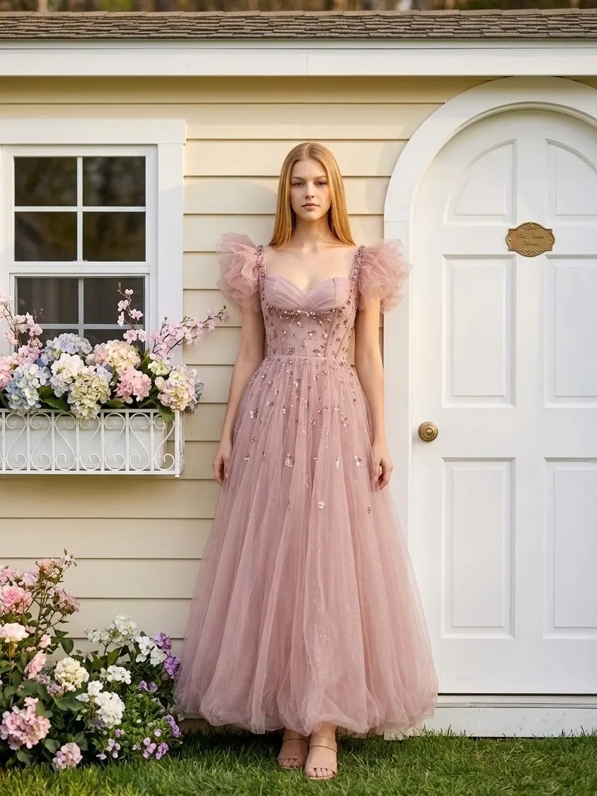 Elegant Luxury Beaded Embroidery A-Line Tulle Dress, Puff Sleeve Square Neck Floor-Length Formal Evening Gown for Prom, Wedding Reception & Special Occasions