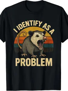 Funny "I Identify As A Problem" Possum Graphic T-Shirt - Retro Humor Unisex Tee Suitable for Men & Women, Machine Washable Casual Wear with Possum, Year-Round for Parties & Everyday Outfits
