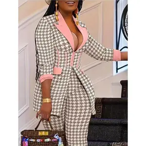 Fashion Women's Two-Piece Set - Zippered Long Sleeve Suit Jacket and High-Waisted Slim-Fit Pants with Chic Houndstooth Print Design for a Stylish, Elegant Look