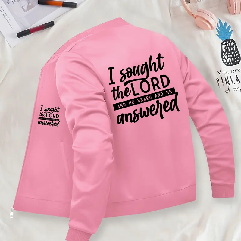 Christian Faith Graphic Text Printed Jacket - Zip-Up Long Sleeve Casual Fashionable Outerwear Womenswear Lightweight Coats, Stand Collar, Polyester Knit Fabric, Fitted Aesthetic Design, Pocket Detail, Suitable for Autumn & Winter.