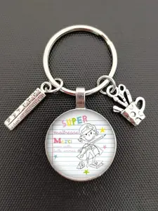 1pc Teacher Time Gem Keychain, with letter print, circular design, stylish oval shape design, perfect gift, durable accessory