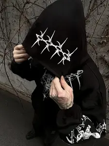 Men's Gothic Skull Hoodie, Street Style Drawstring Pullover with Front Pocket, Comfortable Casual Soft Fall & Winter Sweatshirt Gift