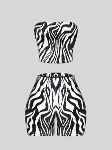 Two-Piece Set Women's Leopard & Zebra Stripe Print Crop Top & Skirt, Casual Fashion Cozy for Daily Outdoor Wear, Ladies Clothes for Summer, Suits, Casual Matching Set, Shorts Sets Outfits