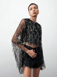 1 piece of women's black sequined tassel Fringe sheer-sleeved fitted short cropped top T-shirt, trendy and eye-catching style, with a waist-baring design, suitable for young women, applicable to occasions such as parties and nightclubs, Chic, Womenswear