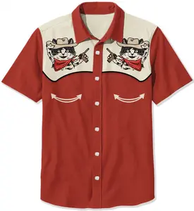 Western Cat in hat Hawaiian Shirt Short-sleeve Button-down Cat Lover Gift Red