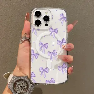 Soft Girl Magnetic Case for iPhone11/12/13/14/15/16/17/promax, Purple Bow Pattern Lightweight, Drop-Proof, MagSafe Compatible | Perfect for Teen Girls