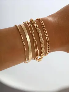 5PCS‘Women's Twist Herringbone Chain Stack Bracelet, Cuban Link Bracelet, Classic Jewelry for Gift, Female Fashion Accessories for Daily, Streetwear Bracelet Bundles, Stackable Bracelets
