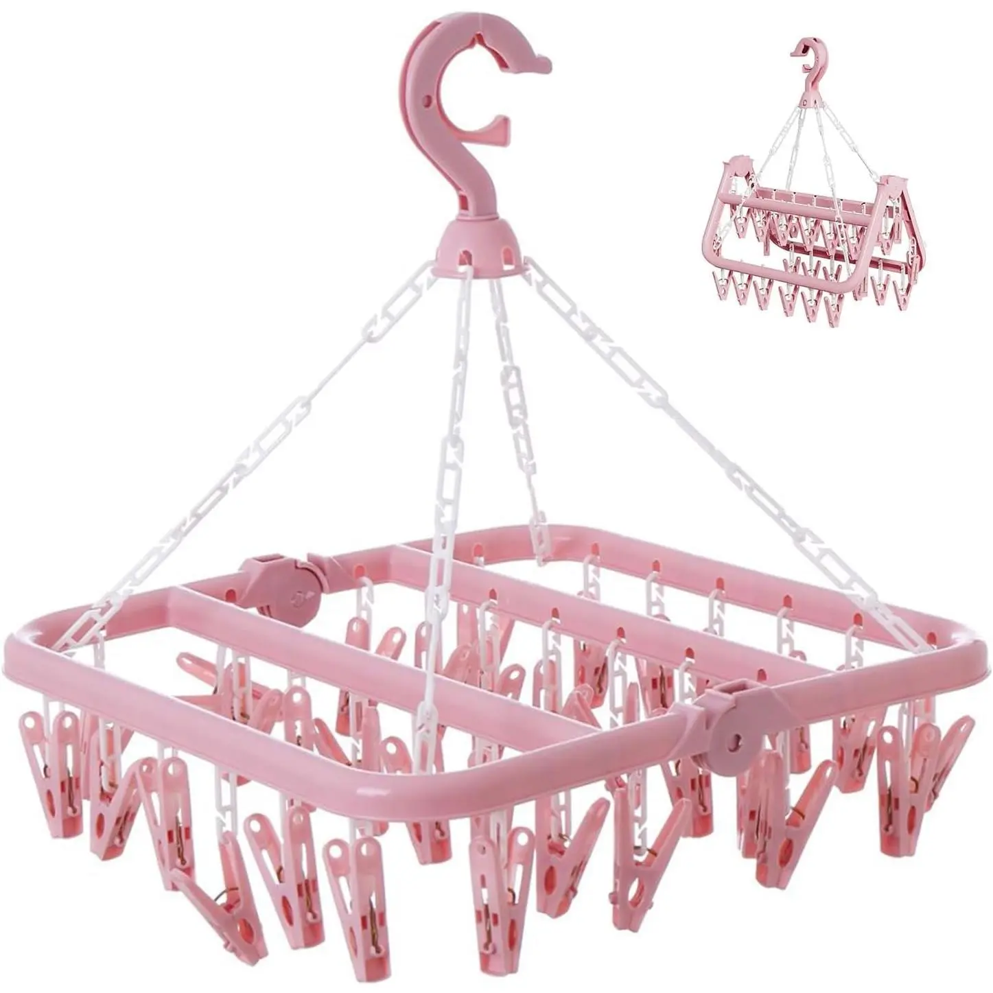 Clothes Drying Rack with 32 Clips, Foldable Hanging Rack, 360° Rotatable Hook for Drying Socks Baby Clothes Towels Gloves