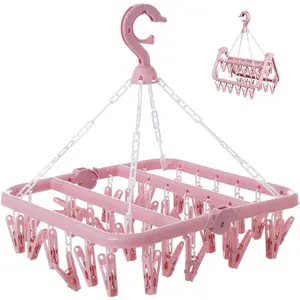 Clothes Drying Rack with 32 Clips, Foldable Hanging Rack, 360° Rotatable Hook for Drying Socks Baby Clothes Towels Gloves