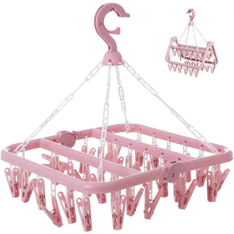 Classic PP Plastic Compact Laundry Hanging Rack - Organiser Hanger, Home Goods, Hanger Space Saving, 32-Clips, 360° Rotatable Clothes Hook, Foldable, Adjustable, Wall-Mount Option, Portable Pegs, Travel-Ready Rack for Socks, Balcony, Bathroom