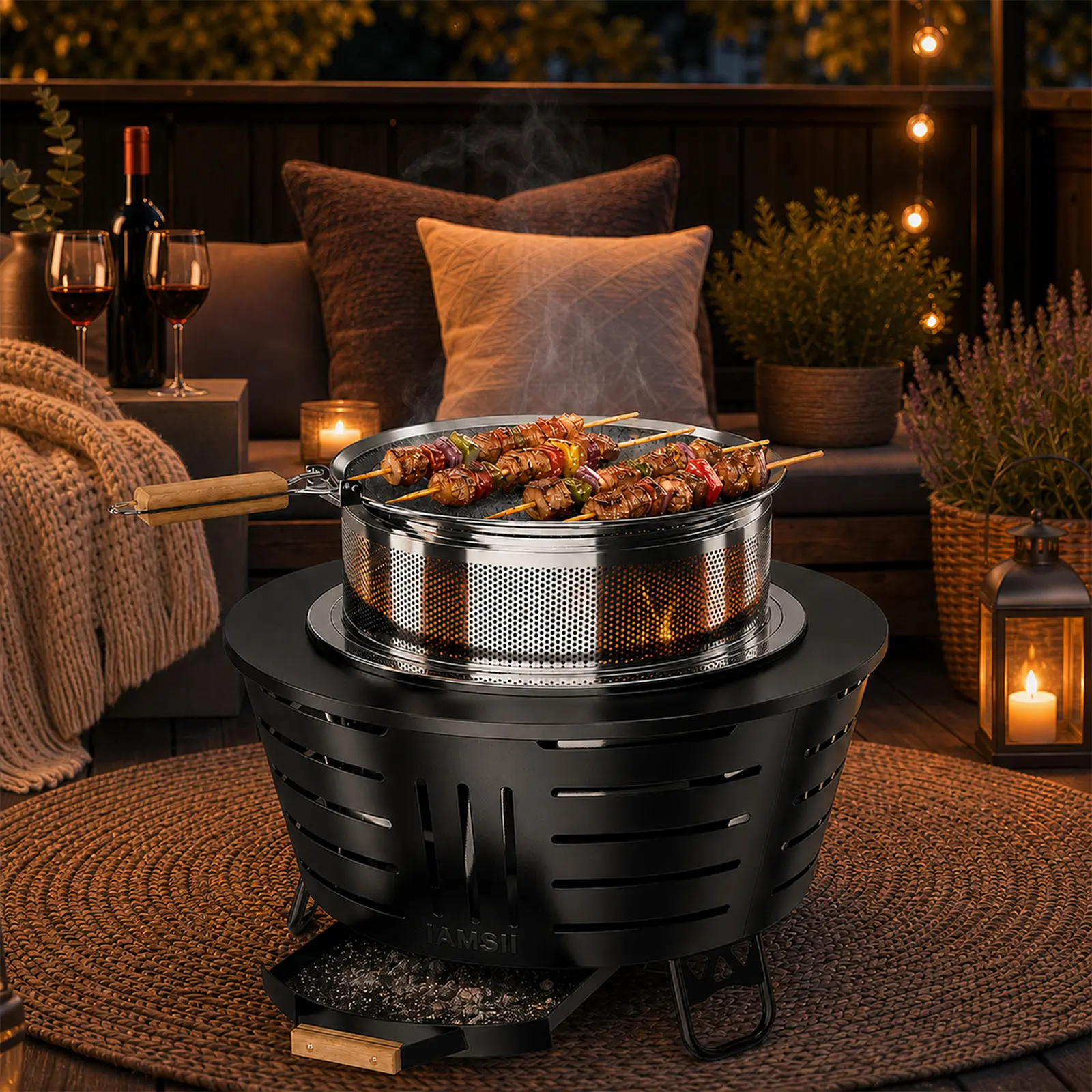 Tabletop Smokeless Triple Combustion Fire Pit Grill Set, Floor-Mount Outdoor Fireplace for Campfire/BBQ Party, Ideal for Friends & Family