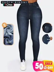 Women's High Elastic Fleece Skinny Jeans, Casual Ripped Design, Solid Pattern, All Seasons Wear, Comfortable and Stylish
