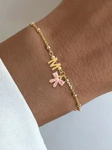Women's Stainless Steel Bead Chain Bracelet, Stackable Bracelet, Letter Cute Crystal Bow Pendant Design, All-Season Jewelry Accessory