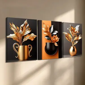 3 Count Wooden Frame Canvas Prints, Luxury Gold Metallic Floral Triptych Canvas Wall Art, Modern Black & Orange Print, Contemporary Art, Exquisite Family Poster, Suitable for Living Room Corridor Wall, HD Inkjet Printing, Artwork