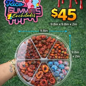 Candy Party Tray - Plastic Appetizer Tray with Lid Clear Food Platters 6 Types of Candy Dipped in Famous Picante Tamarindo Sauce . Container