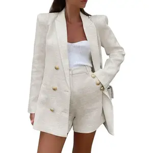 Women's two-piece coarse woolen top shorts set long sleeved double breasted suit jacket business suit soft and thick fabric fit elegant and professionalRAIMENTRY
