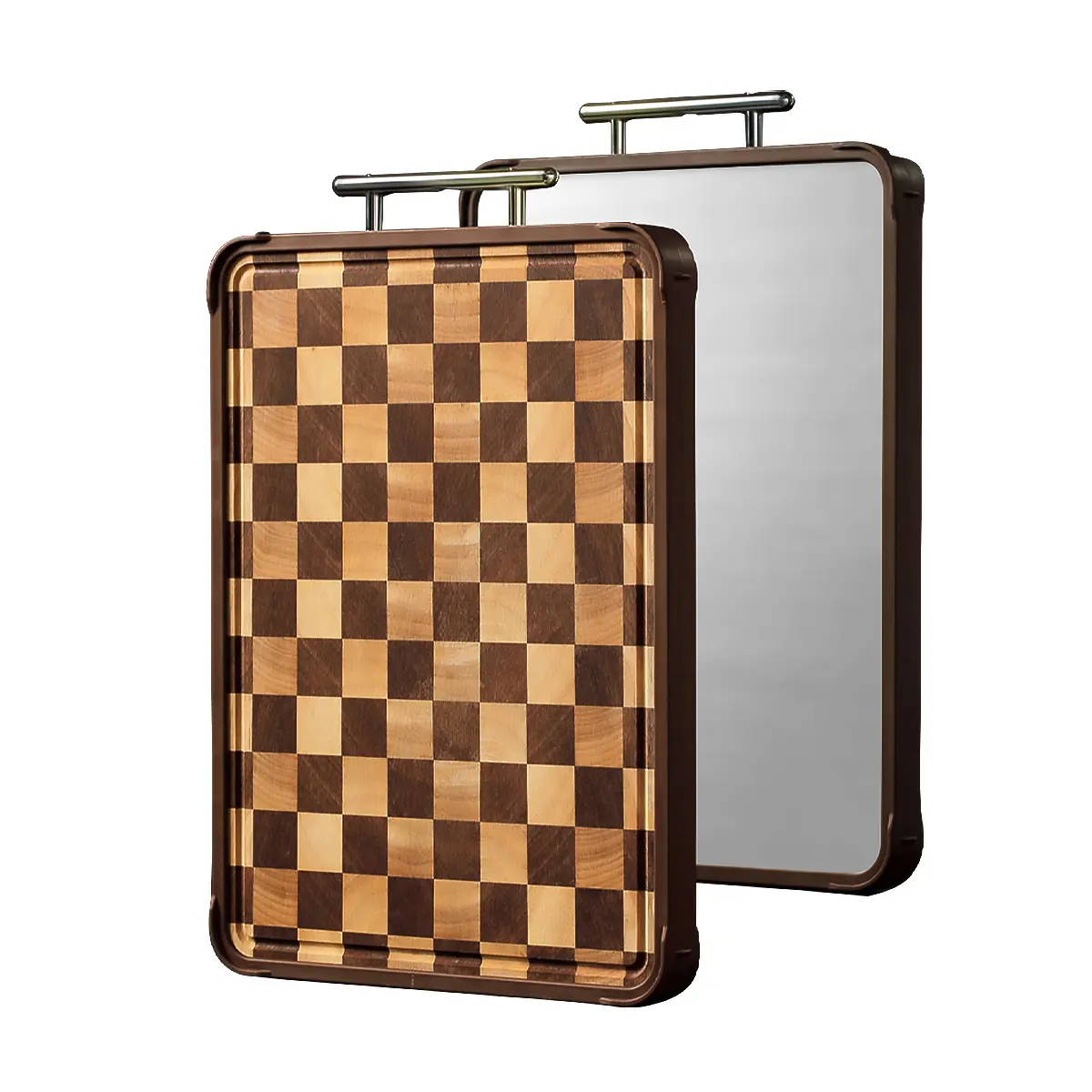 Acacia Wood Cutting Board with Stainless Steel Back and Hanging Handle - Large Reversible Double Sided Chopping Board 14.86" x 10.2"