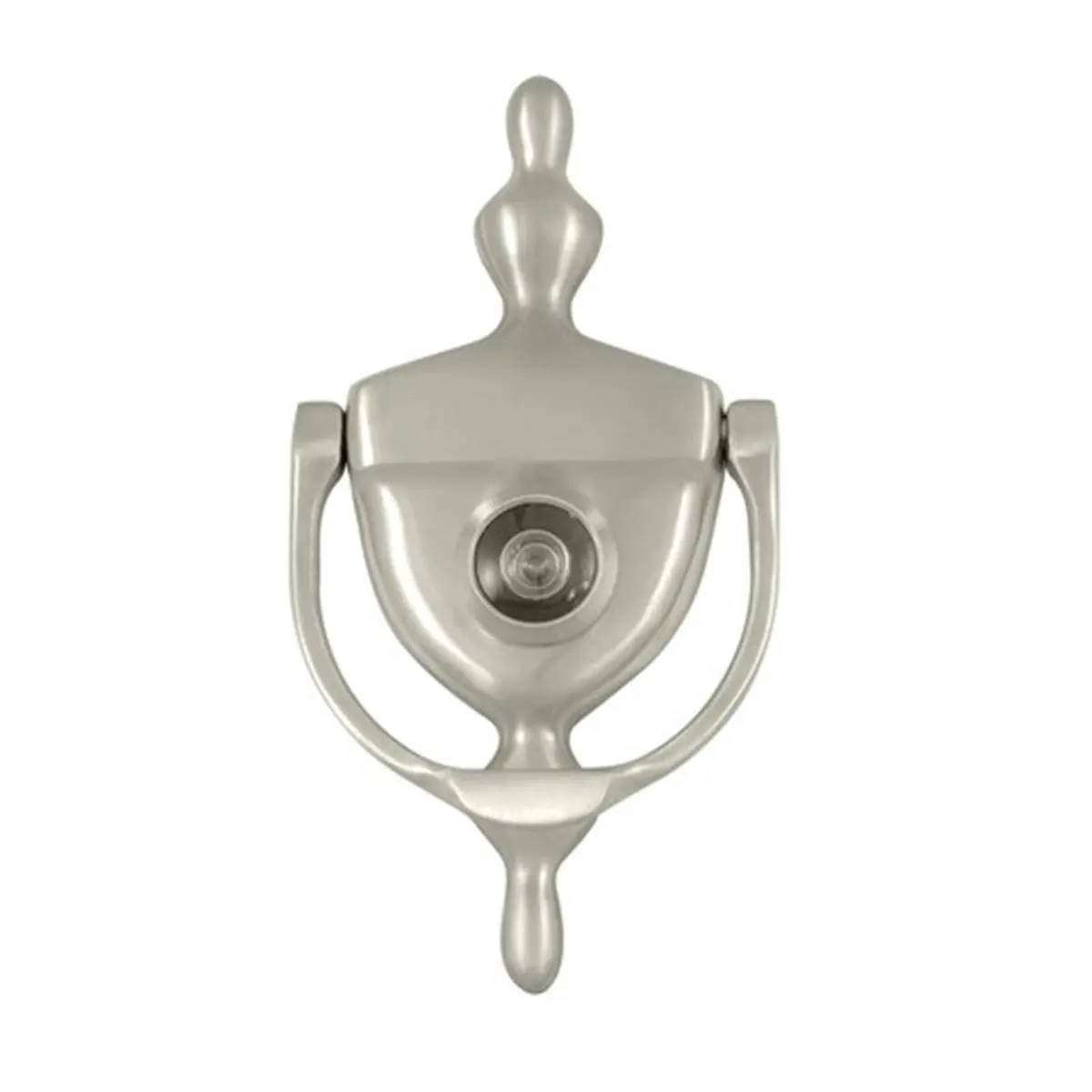 Deltana Victorian Weatherproof Solid Brass Door Knocker with Door Viewer, Satin Nickel Finish, 3-3/4" Center-to-Center, 5-7/8" Tall, Kitchen-Compatible, Includes Mounting Hardware