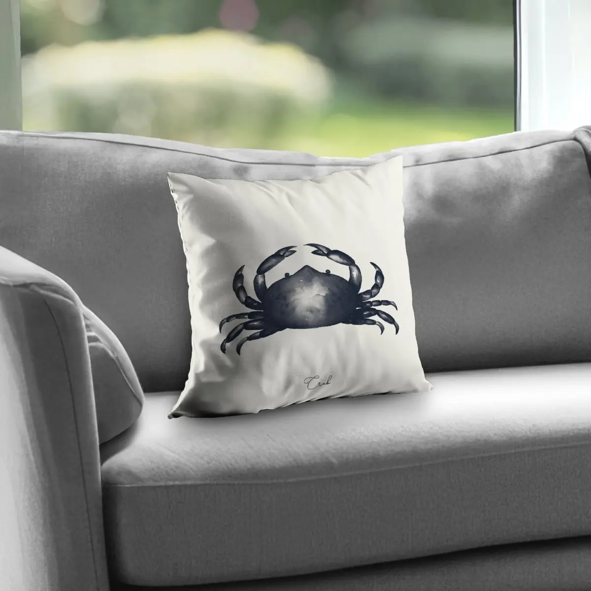 Begin Home Decor C1PT1414OYXK9U 14x14 in Crab Motif Blue Coastal Beach Throw Pillow - Creative Decorative Cushion for Beach Themed Bedroom, Coastal Rooms (with Insert)