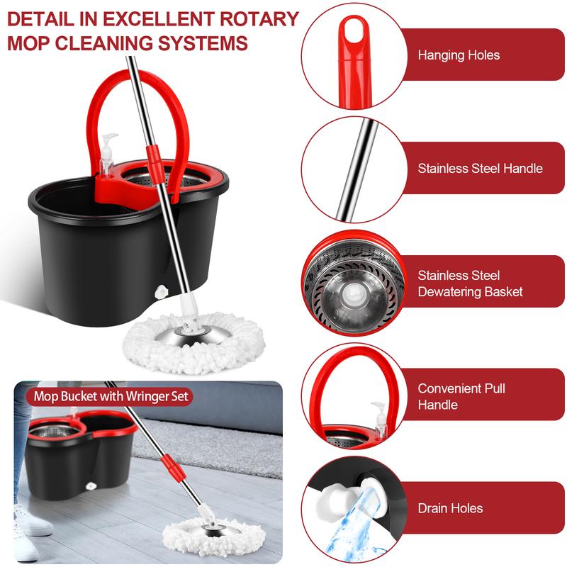 Mop Bucket Set with 360° Spin Mop and Bucket System 3 Microfiber Heads 61In Adjustable Handle，Handle Efficient Cleaning Supplies