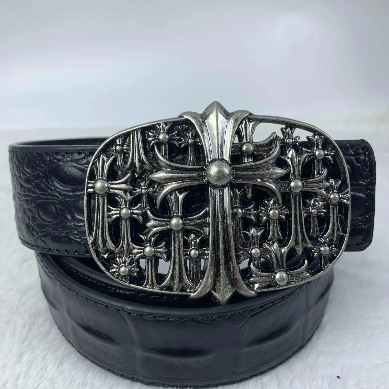 Vintage Black Cross Buckle Belt PU Leather Unisex Gothic Style Waist Belt with Multi Color Accents for Men Women