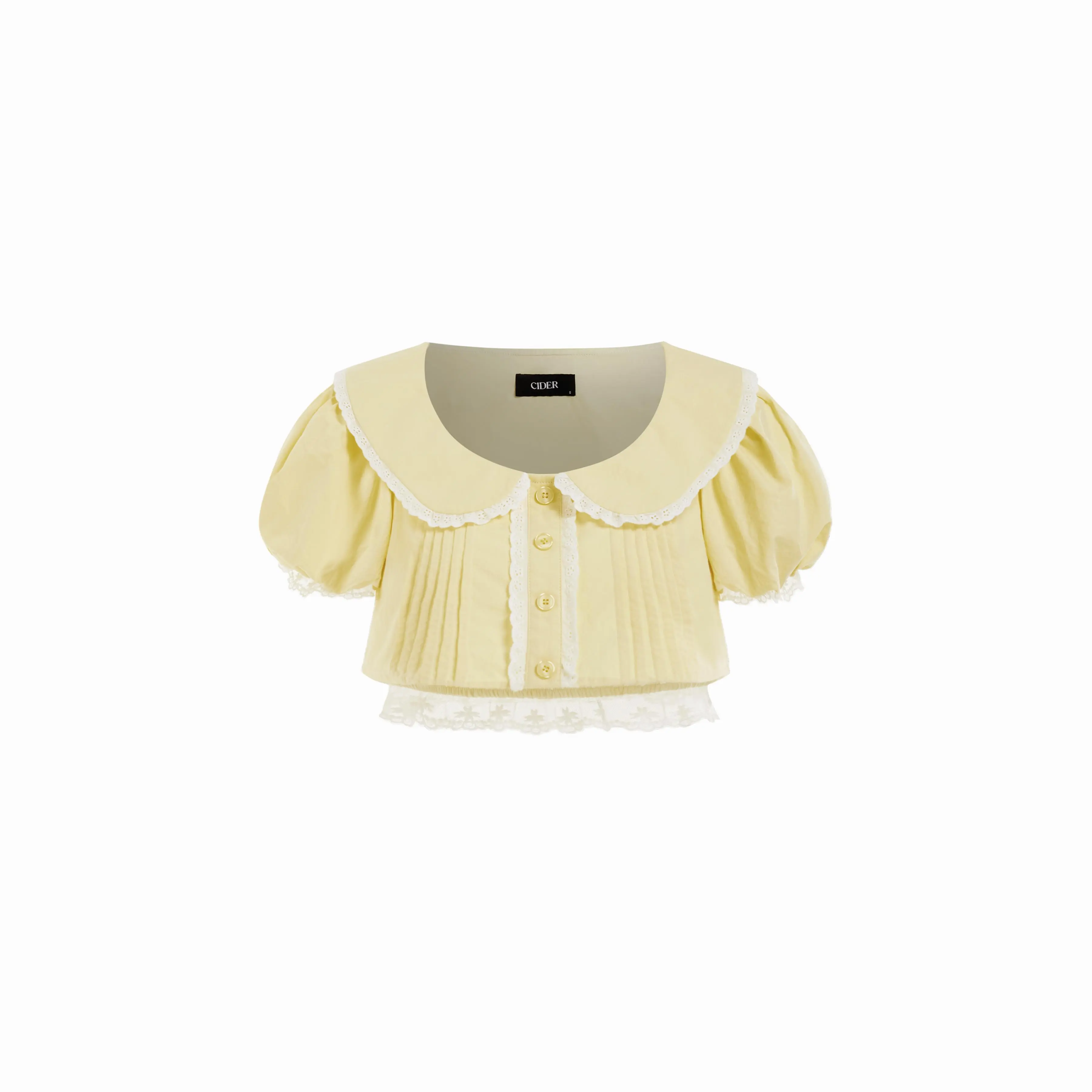 Cider Women's Fitted Casual Cotton Crop Top Blouse - Peter Pan Collar, Puff Short Sleeves, Lace Trim, Cotton Woven, Chic Sweet, Elegant, Button-Detailed