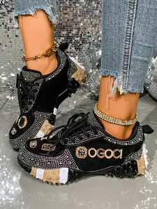 Rhinestone Dad Shoes Women Thick Sole Height Increase Full Diamond Sporty Casual Streetwear Trendy Sneakers