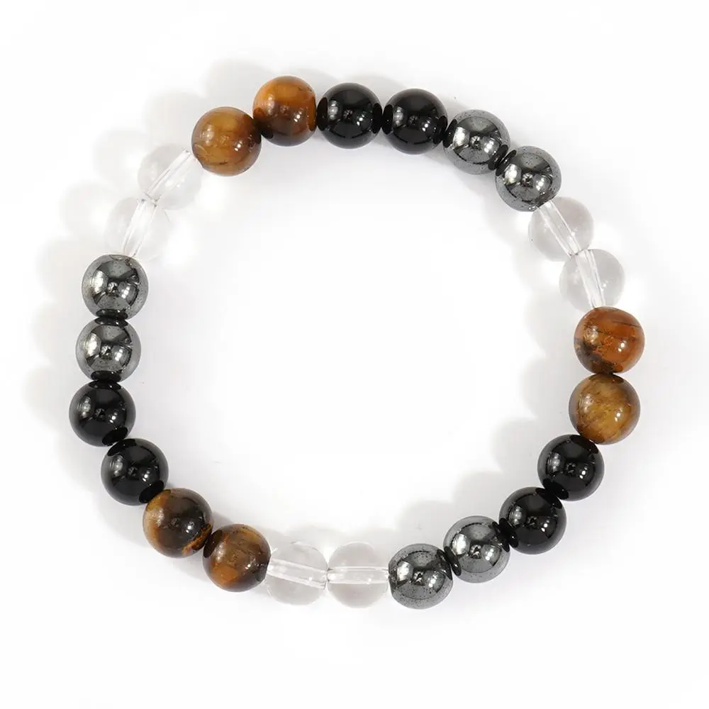 Money Attraction Colorblock Crystal Bracelet with Tiger Eye Hematite and Clear Quartz Beads - Protection Wealth Manifestation Beaded Jewelry Amulet Gift for Good Fortune Encouragement 1pc daily wear fashion accessory