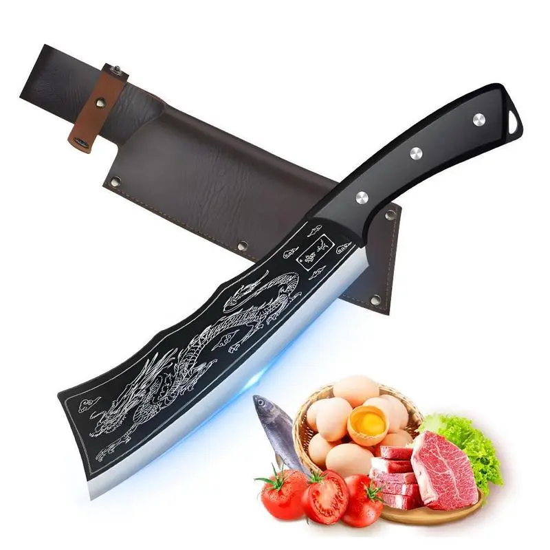 Dragon Pattern Hand-Forged Stainless Steel Kitchen Chef Knife - Multi-Purpose Meat Chopper with Leather Sheath, Sturdy Meal Prep Kitchenware for Home Cooking (with Knife Block), Blade, Knives