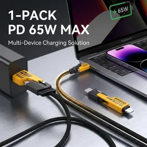 4-in-1 USB-C Cable, 65W PD Fast Charging & Data Sync, Multifunctional Flat Braided Cord, Compatible with Type C/USB A for Laptop, iPhone, iPad, MacBook, Samsung, and Other Electronic Devices - High-Speed Charging and Durable Design1