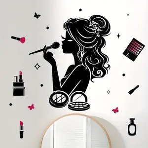 Chic Makeup Girl Wall Decal - Black & White Contemporary Cosmetic Theme Sticker for Bedroom & Beauty Salon Decor, Removable Self-Adhesive Design with Stars and Butterflies, Beauty Accessories