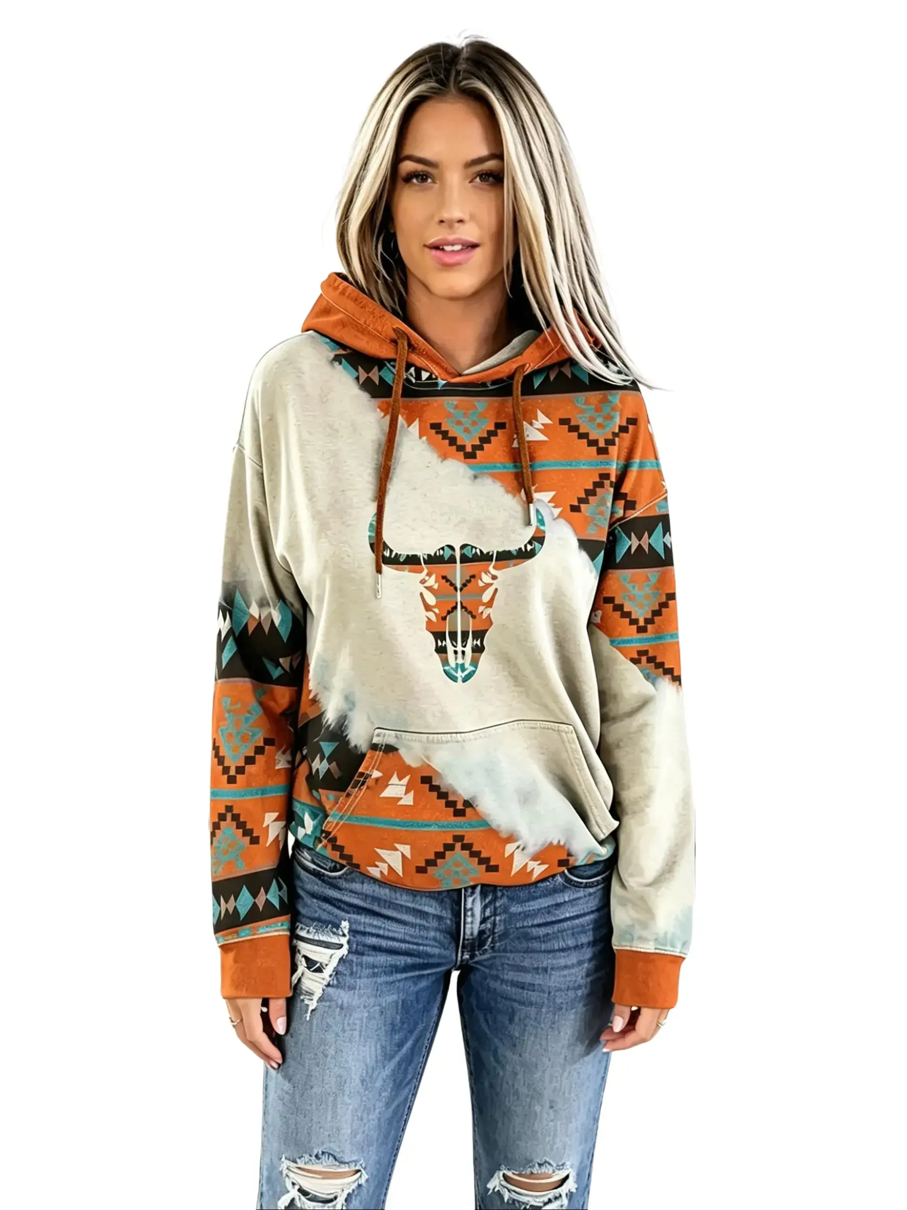 Women's Knitting Hooded Neck Drawstring Hoodie - Ethnic Rhombus Printed, Baggy Oversize Bohemian Pullover Tops for Leggings Pairing, Retro, Vintage, H Type, Knit Women's Hoodies, Long-Sleeve Women's Hoodies