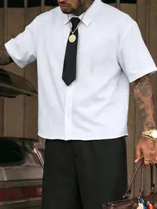Unisex White Short Sleeve Shirt with Black Tie Included, Casual Button-Up for Streetwear & Daily Wear
