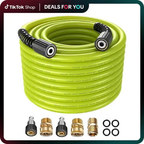 POHIR High-Pressure Lead-Free Rubber Power Washer Hose, 1/4" x 50FT Kink-Free 4000 PSI Hoses with Brass Corrosion-Resistant M22 Fittings, 3/8" Quick Connect Adapters & Accessories for Pressure Cleaning Tools Extension
