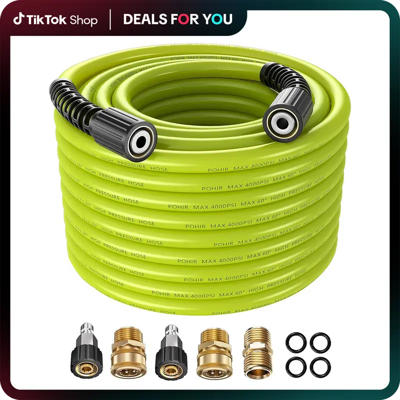 POHIR High-Pressure Lead-Free Rubber Power Washer Hose, 1/4" x 50FT Kink-Free 4000 PSI Hoses with Brass Corrosion-Resistant M22 Fittings, 3/8" Quick Connect Adapters & Accessories for Pressure Cleaning Tools Extension