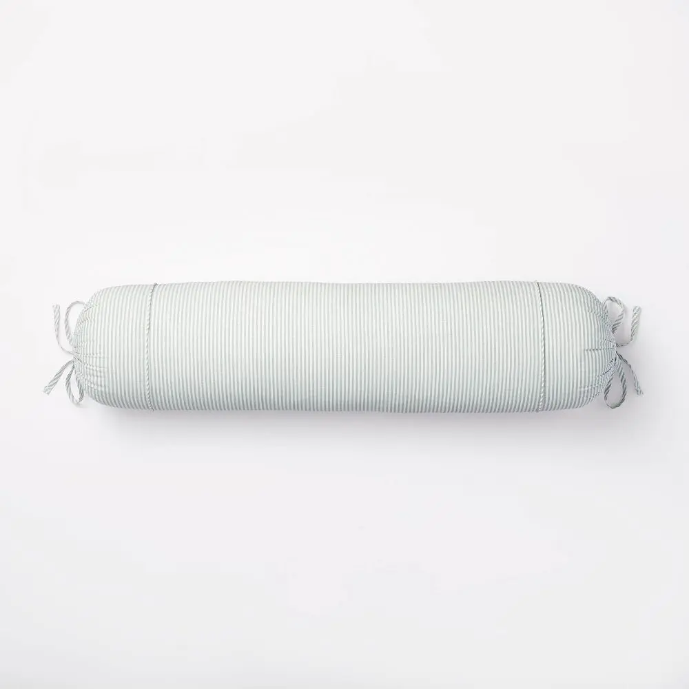 Oversized Bolster Woven Striped with Piping Cylinder Throw Pillow White/Light Teal Green - Threshold designed with Studio McGee: Cotton Fabric