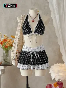 New Polka Dot Print Sexy Bikini, Colorblock Halter Neck Design, Summer Beachwear 3 Piece Set with Shorts and Thong, Swimsuit Style Bikini