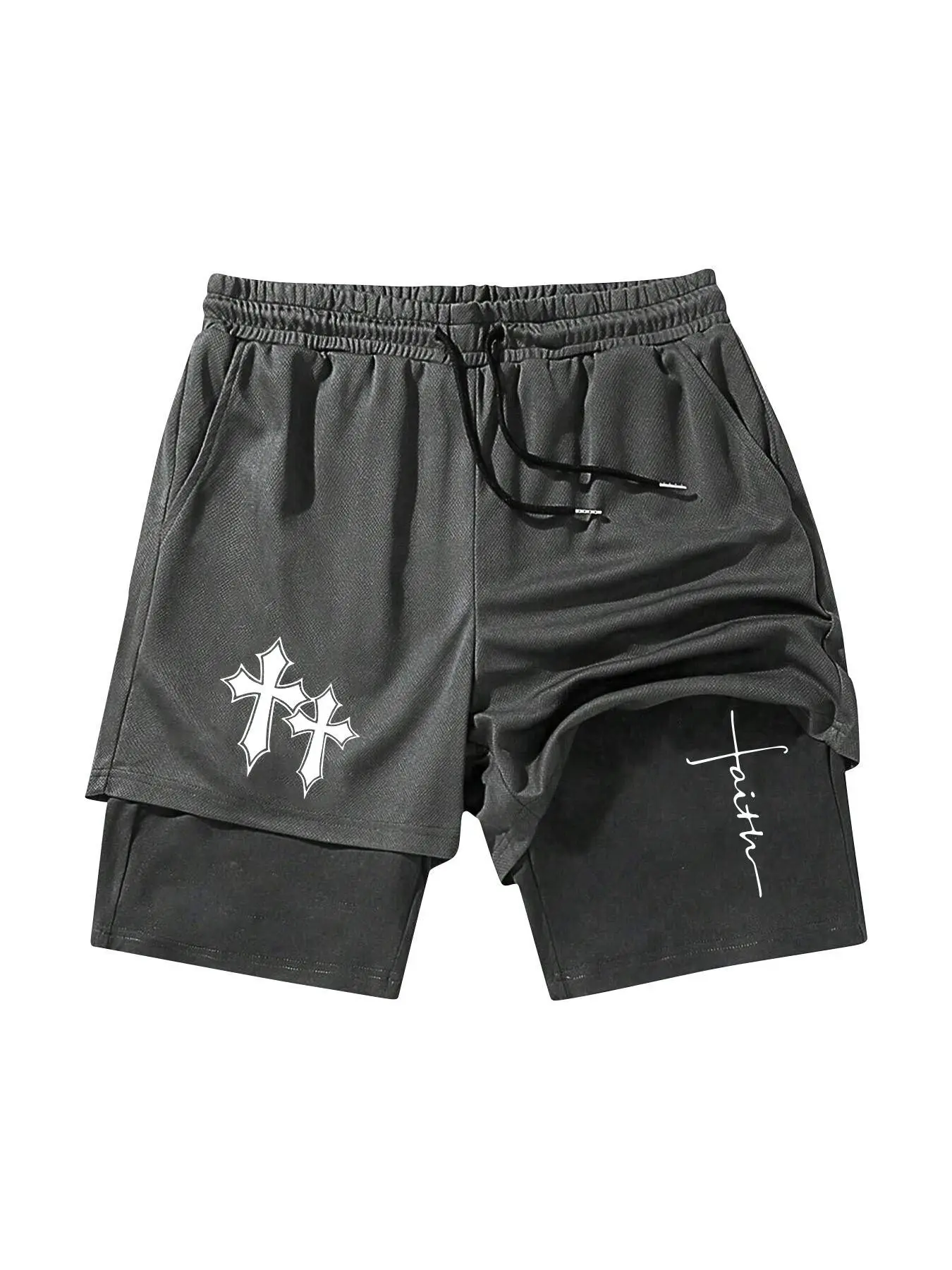 Teen Boys Cross Pattern Print Mesh Breathable Printed Shorts, Drawstring Waist Dual Layer Multi-Functional, Spring Summer Wear, Sports Essential, Drawstring Waisted Shorts