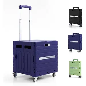 Portable collapsible folding utility shopping trolley with lid and wheels for grocery, garden, office storage, teacher tools — purple